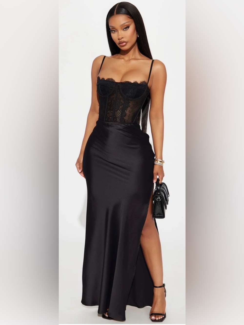 Fashion Nova Black Satin Maxi Skirt with Side Slit